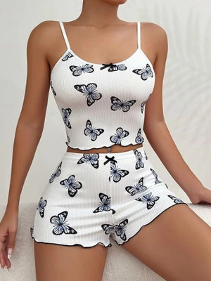 CichCiffon Women Printed White Top & Shorts Set