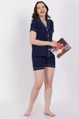 FLORESA Women Solid Dark Blue Night Suit Set