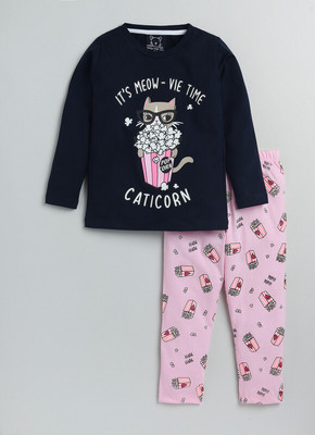 Yk Girls Printed Blue Night Suit Set