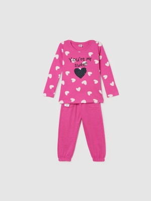 MAX Girls Printed, Solid Pink, White Night Suit Set