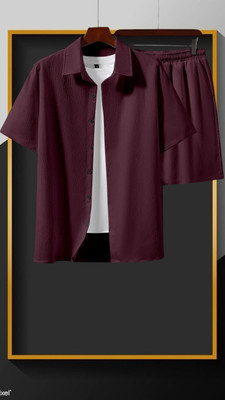 7starenterprise7 Men Solid Maroon Top & Shorts Set