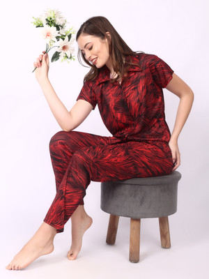 Be You Women Printed Red Shirt & Pyjama set
