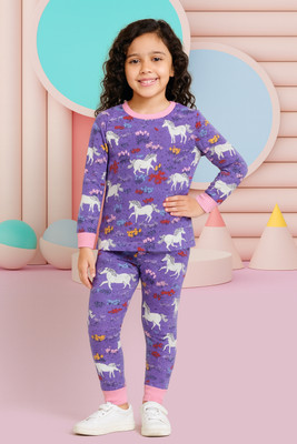 Yk Girls Printed Purple Night Suit Set