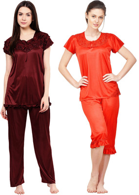 ROWENA Women Solid Multicolor Top & Pyjama Set