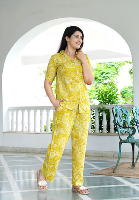 MintMarie Women Printed Yellow Shirt & Pyjama set
