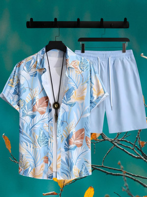 THEBROSSCO Men Floral Print Light Blue Top & Shorts Set