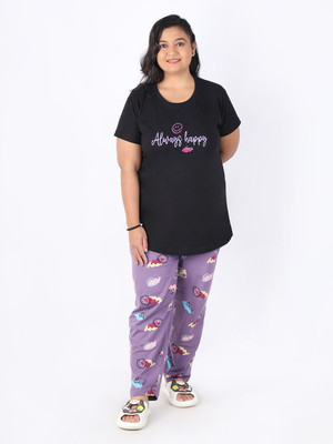 Bloem Women Solid Black, Purple Top & Pyjama Set