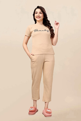 PTELRA Women Self Design Beige Night Suit Set