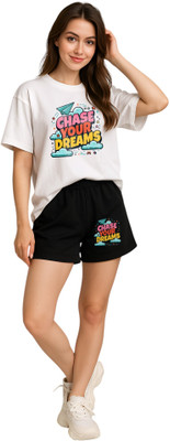 Shonisha Women Printed Black, White Top & Shorts Set