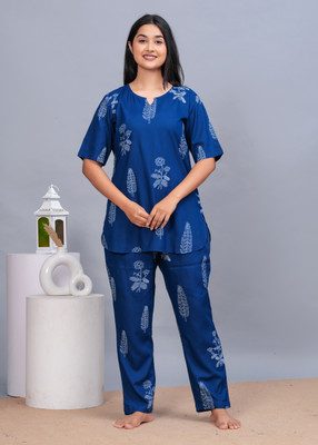 BST TEXTILES Women Printed Blue Top & Pyjama Set