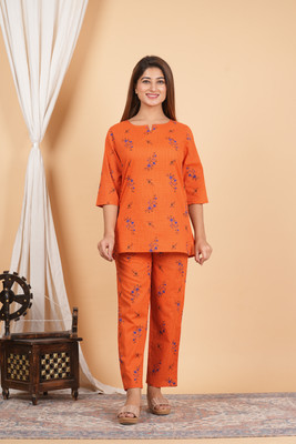 AYUSH TEXTILES Women Printed Orange Top & Pyjama Set