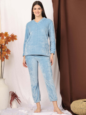 ETC Women Solid Light Blue Night Suit Set