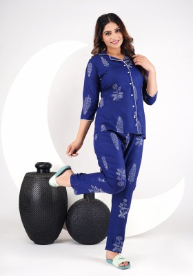 HouseOfCommon Women Printed Blue Shirt & Pyjama set