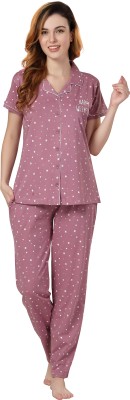 NIGHTVIEW Women Printed Pink Shirt & Pyjama set