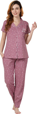 NIGHTVIEW Women Printed Pink Shirt & Pyjama set