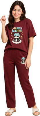 Shonisha Women Printed Maroon Top & Pyjama Set
