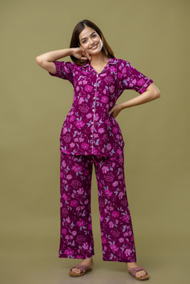 METRONAUT Women Printed Purple Night Suit Set