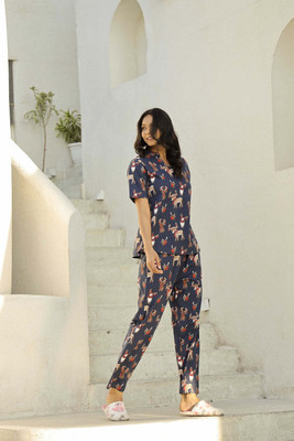 Jixpox Women Animal Print Blue Top & Pyjama Set