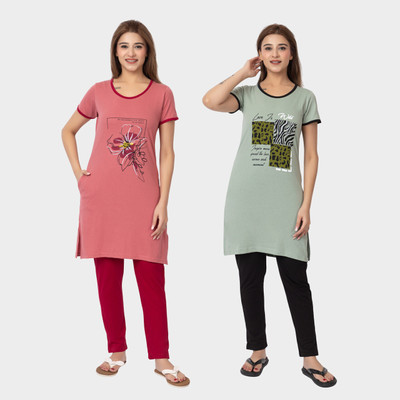 GEE 5 Women Graphic Print Pink, Green Top & Pyjama Set