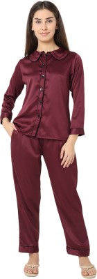 Smarty Pants Women Solid Maroon Night Suit Set