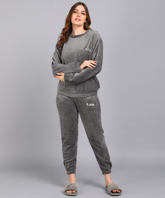 Overlock Women Solid Grey Night Suit Set