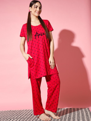 Trendy World Women Printed Red Shirt & Pyjama set