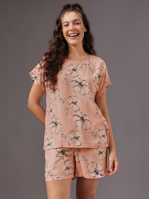 Clovia Women Floral Print Beige Top & Shorts Set