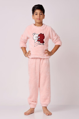 FitIn OutFit Boys Solid Pink Top & Pyjama Set
