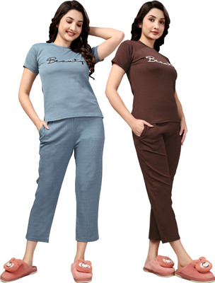 PTELRA Women Printed Light Blue, Brown Night Suit Set