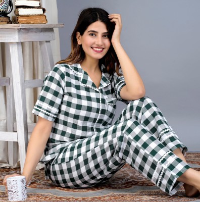 Ameerah Women Checkered Dark Green Shirt & Pyjama set