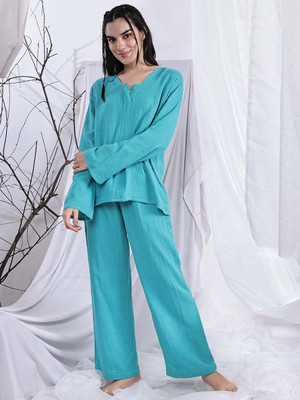 ETC Women Solid Dark Blue Night Suit Set