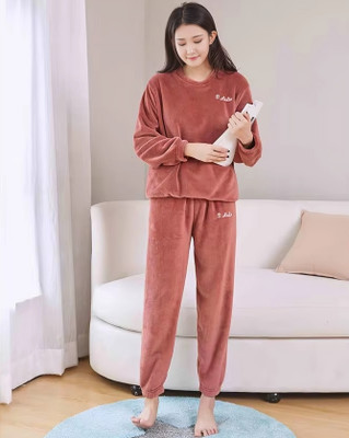 Stem Rope Women Solid Brown Night Suit Set