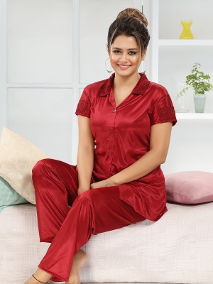 FOMTI Women Solid Maroon Night Suit Set