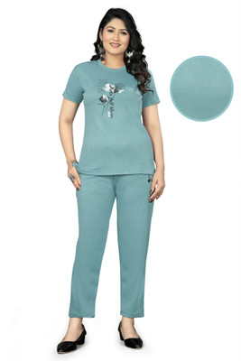 KESUDICREATION Women Graphic Print Light Green Night Suit Set