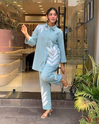 JASORIYA Women Embroidered Light Blue Shirt & Pyjama set