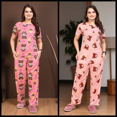 FASHION GREAB Women Printed Pink Top & Pyjama Set