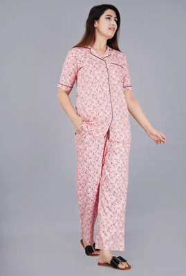 MintMarie Women Geometric Print Pink Night Suit Set
