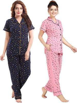 NAYRA AYRA Women Polka Print Dark Blue, Pink Night Suit Set