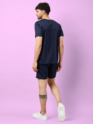 Chrome & Coral Men Printed Dark Blue Night Suit Set