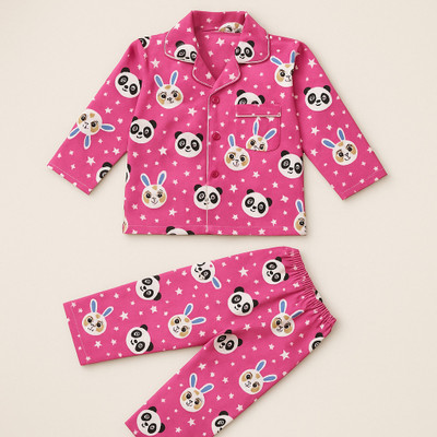 SAHU TRENDZ Baby Boys & Baby Girls Printed Pink Night Suit Set