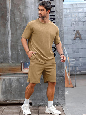 Vogaan Men Solid Brown Top & Shorts Set