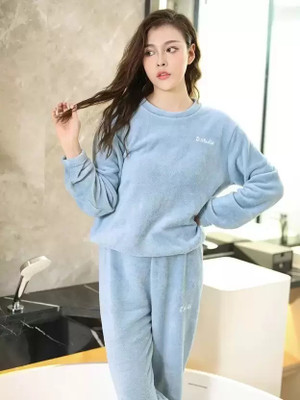 TIARO Women Solid Blue Night Suit Set
