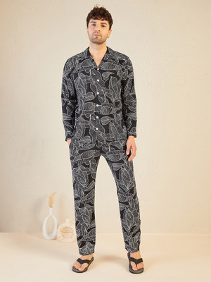 SWEET DREAMS Men Geometric Print Black Shirt & Pyjama set