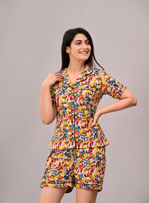 SaziyaFashion Women Printed Yellow Night Suit Set