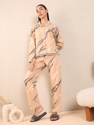SWEET DREAMS Women Geometric Print Beige Shirt & Pyjama set