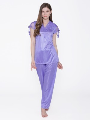 ROWENA Women Solid Purple Top & Pyjama Set