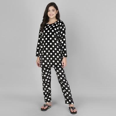 H&Y Women Polka Print Black Night Suit Set