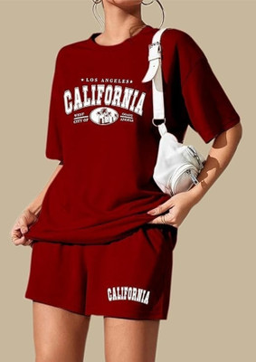 FARBIG WEAR Women Printed Maroon Top & Shorts Set