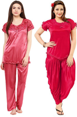 PHALIN Women Solid Pink Top & Pyjama Set
