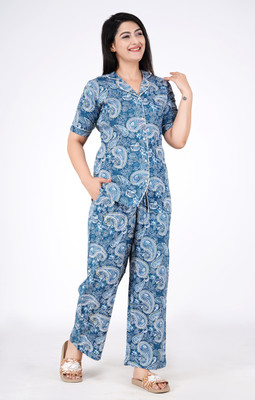 MintMarie Women Printed Blue Shirt & Pyjama set